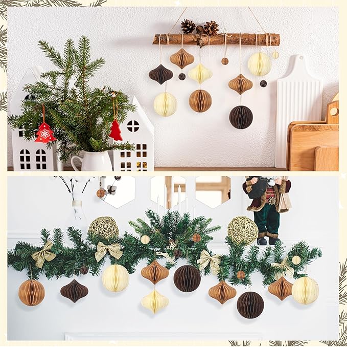 TecUnite 50 Pcs Christmas Paper Honeycomb Ornaments for Tree Vintage 3D Mini Glitter Edge Paper Christmas Ornament Honeycomb Tree Hanging Neutral Boho Holiday Xmas Party Decoration(Brown)