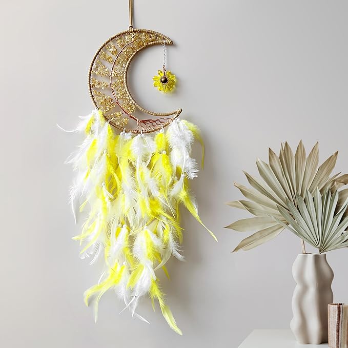 Moon Dream Catchers with Chakra Gemstone Agate Stone, Wealth Luck Crystal Tree Life Dream Catchers Wall Hangings Room Decor(Yellow)