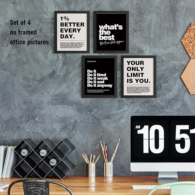 DSHFG Motivational Inspirational Office Wall Art Decor Prints Set of 4, Black Motivational Wall Decor Trendy Retro Posters for Office Home Decor, 8x10 Unframed