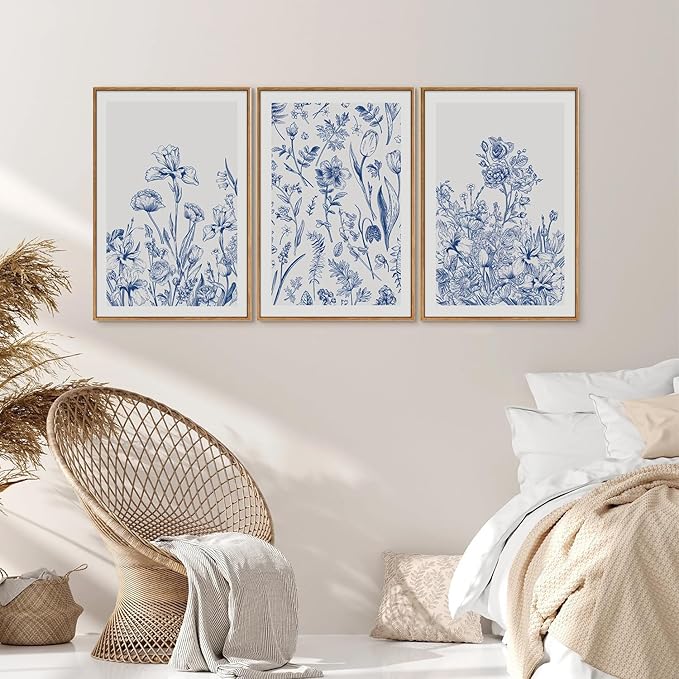 SIGNINART Classic Chinoiserie Framed Canvas Wall Art Set, Blue and White Floral Art Painting, Minimalist Botanical Flower Artwork, Navy Blue Wall Decor for Bedroom, Living Room, Office 24"x36"x3