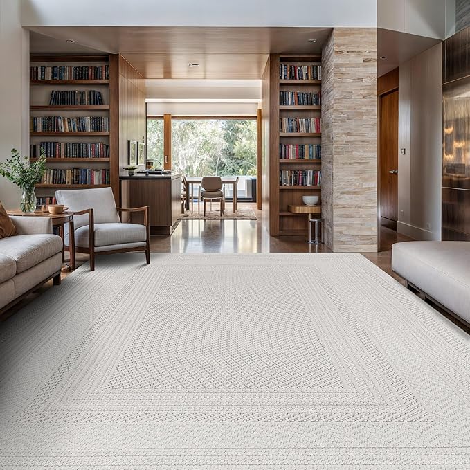Micro Loop Indoor Rug White 10x14 Boho Geometric Neutral Area Rugs for Living Room Soft Luxury Modern Low and High Pile Durable Stain Resistant Non-Shedding Indoor Area Carpet 10 x 14