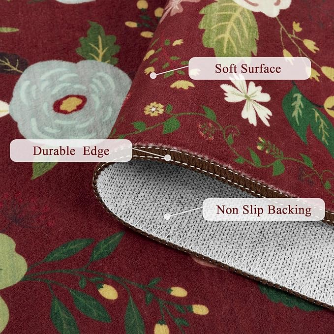 U'Artlines Red Christmas Runner Rug for Hallways,2'6" x 10'Colorful Floral Carpet Soft Non Slip Washable Floor Carpet Runners for Entryway Laundry Room Bathroom