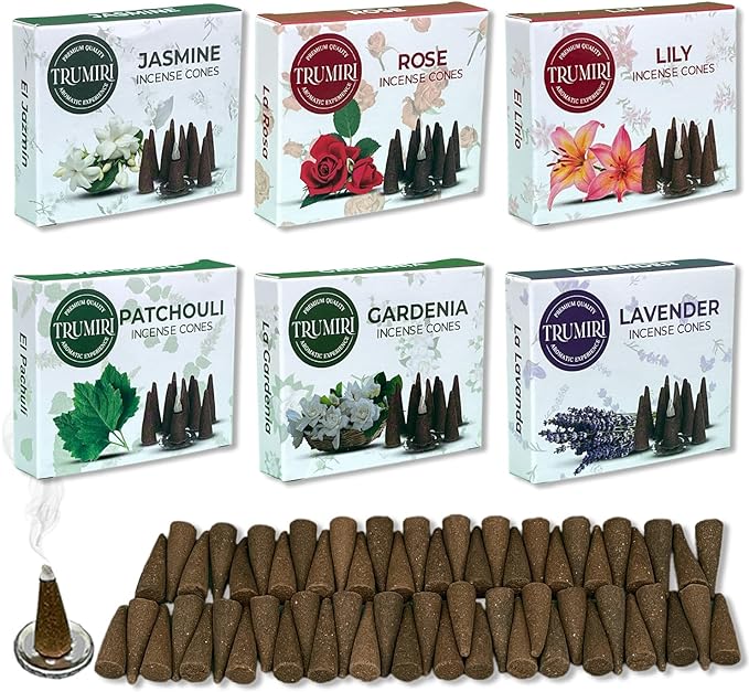 Trumiri Floral Incense Cones - Variety Pack - Total 60 Cone Incense (6 Scents x 10 Conos) - Rose, Lavender, Jasmin, Patchouli, Gardenia, Lily - Cone Incense Scents - Insense Cones - Incent Cone