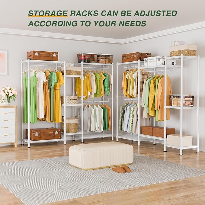 LEHOM G6 Wire Garment Rack Heavy Duty Clothes Rack Compact Large Size Armoire Storage Rack Freestanding Metal Clothing Rack Closet Wardrobe with 3 Hanger Rod and 4 Large Shelves 4 Small Shelves, White