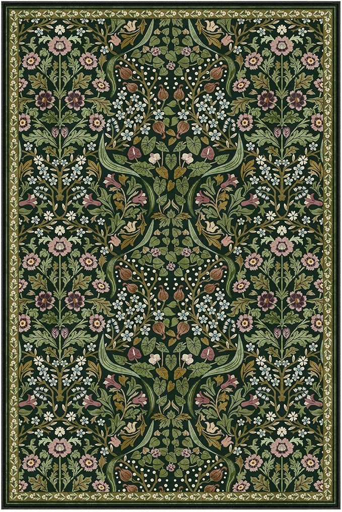 Moynesa Floral 6x9 Area Rugs, Washable Green Rugs for Living Room, Boho Large Soft Bedroom Rug, Non Slip Ultra Thin Botanical Indoor Floor Carpet for Dining Room Home Office, Green