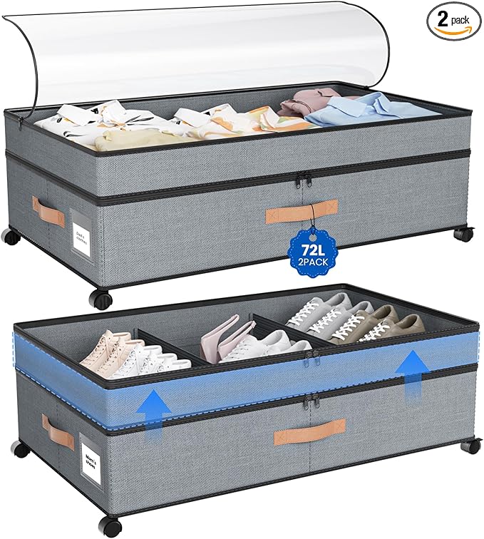 Under Bed Storage with Wheels, 72L XXL Under the Bed Storage Containers Large, 10‘’ Tall Adjustable Storage for Underbed with Lids, Rolling for Shoes, Clothes, Blankets, Grey