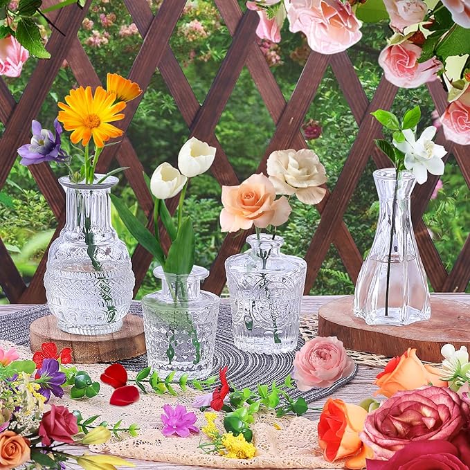Set of 20 Glass Bud Vases,Small Clear Vases,Wedding Centerpiece Table Decorations,Clear Vintage Embossed Mini Vases,Flower Arrangements in for Party or Home Decor