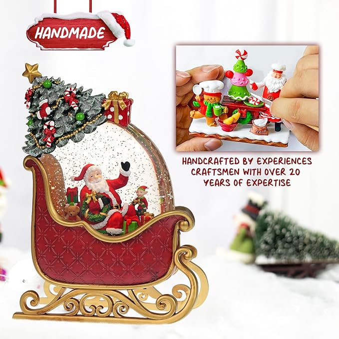 Christmas Snow Globe with Santa's Sleigh Elk - Lighted Musical Snow Globe Christmas Decorations with Timer, Swirling Glitter, Battery/USB Powered, Holiday Decor(Santa Claus Sleigh)