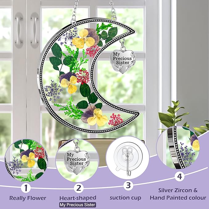 KY&BOSAM Hanging Ornament, My Precious Sister Suncatcher with Pressed Flower, Silver Heart Charm - Mother’s Day, Birthday, Christmas Gift