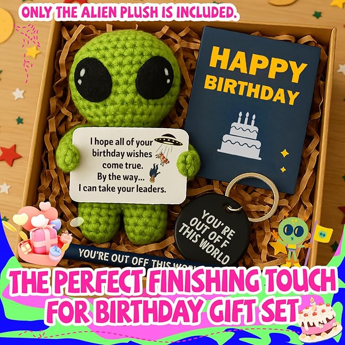 MAMAGIFTREE Funny Birthday Gift for Women Men Coworker, Friend, Boss, Adult, Hilarious Gag Bday Crochet Alien with a Sarcastic Message Card, Office Decor for Her Him