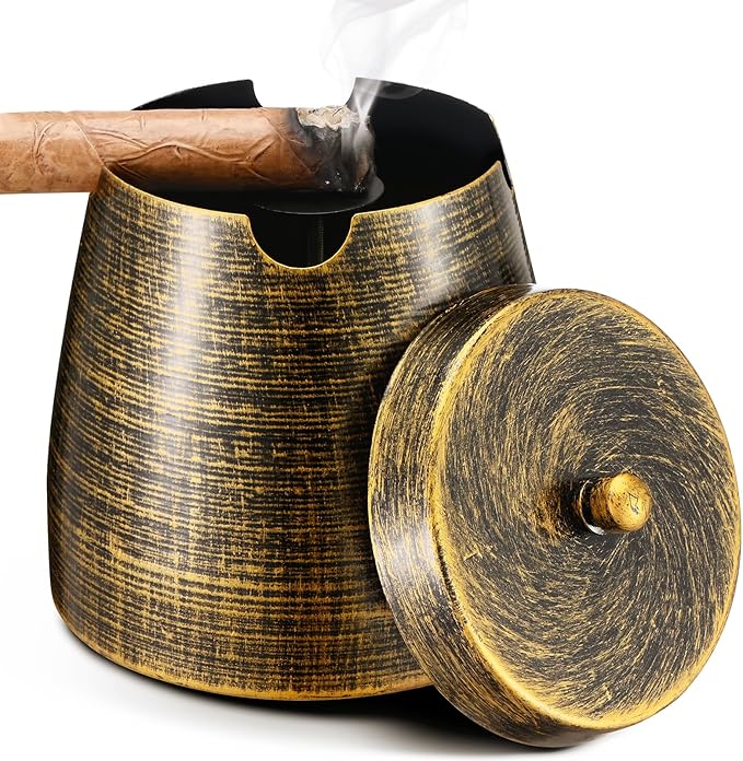 Cigar Ashtray with Lid for Outdoors Outside Patio Home Retro Decor,Large Holder Ashtray,Cigar Accessories Gifts for Men Dad Husband Boyfriend (Large)