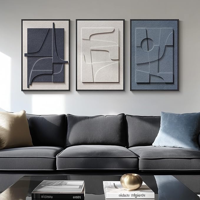 3D Textured Framed Blue and White Abstract Wall Art, 3 Piece Modern Artwork for Walls, Minimalist Navy Blue Geometric Wall Paintings for Living Room, Bedroom, Dining Room, Office Wall Decor 16x24 In