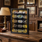 Belt Buckle Display Case, 5 Belt Buckle Holders Included, 17x12 Black Shadow Box with LED Light, Wall-Mounted Men's Belt Clip Storage Box, Lockable