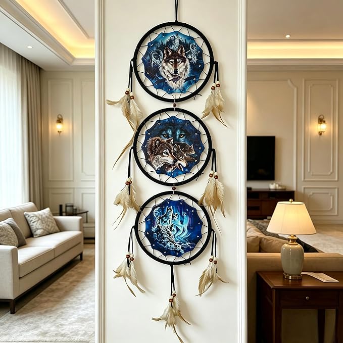Remorelt Wolf Dream Catchers，3-Layer Circle Wall Hanging with Different Wolf Art for Wolf Lover Room Decor,Ideal Bedroom Wolf Home Decor,Dream Catcher for Boy Kids(DC01 6Inch Wolves)