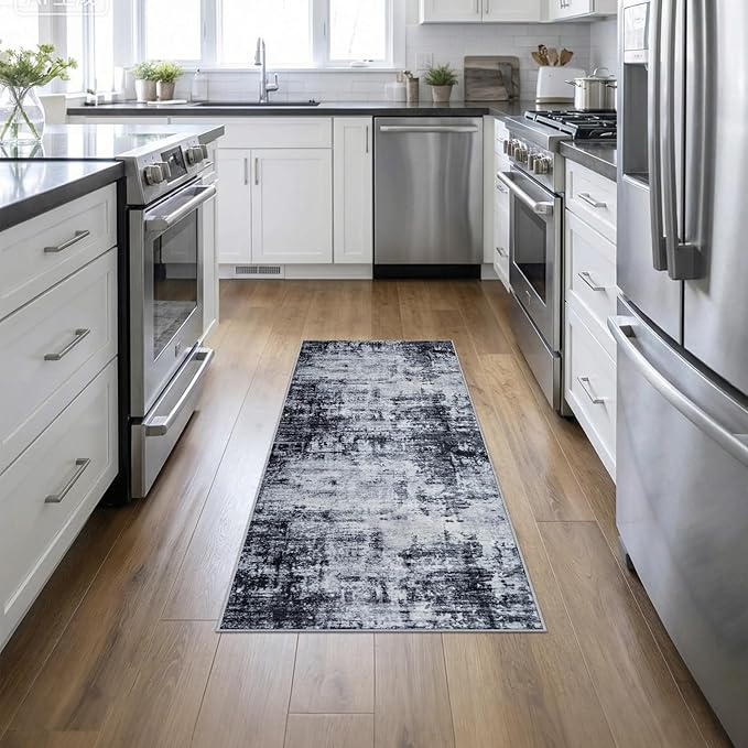 2'x5'Runner Rug Washable Rug: Modern Abstract Soft Thin Runner Rug Dark Black