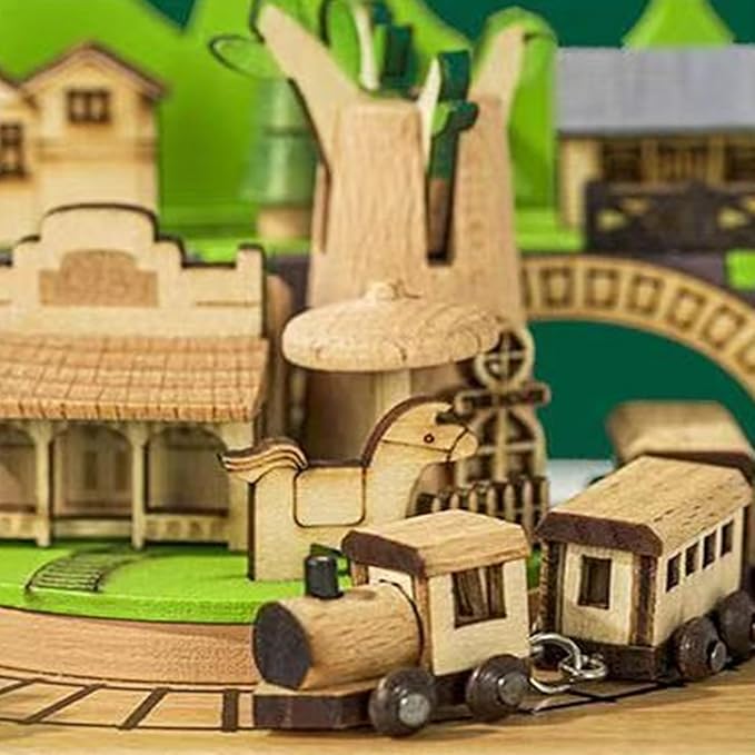 Natural Solid Wood Handcrafted Beech Wooden, Musical FigureTotoro/Carousel/Fairy/Ballerina Figurine,Rotating Hand Crank Mechanism Music Box,Musical Decorations (The Train in the Cavern)