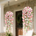 Waipfaru Artificial Petunias Flowers for Outdoors, 2 Pcs UV Resistant Fake Hanging Plants Spring Outside Decor, Faux Silk Flowers Long Trailing Vines for Outdoor Planters Porch Garden (Pink White)