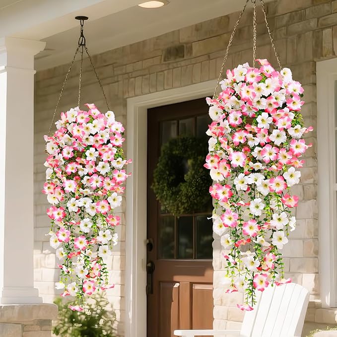 Waipfaru Artificial Petunias Flowers for Outdoors, 2 Pcs UV Resistant Fake Hanging Plants Spring Outside Decor, Faux Silk Flowers Long Trailing Vines for Outdoor Planters Porch Garden (Pink White)