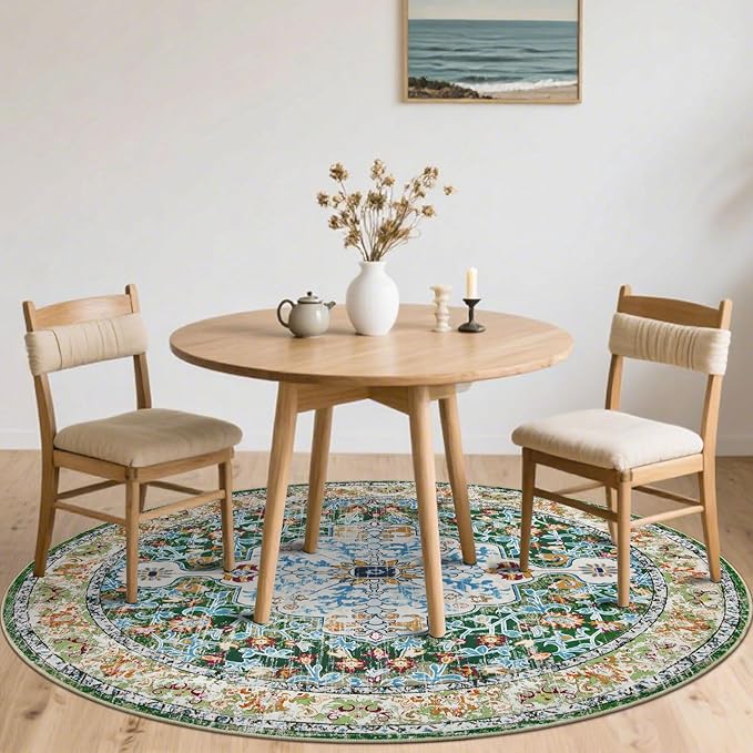 U'Artlines Boho Vintage Round Area Rug 6ft Machine Washable Low Pile Soft Floor Carpet Non Slip Non Shedding Accent Rug for Living Room Bedroom Entryway Dining Room Office Green