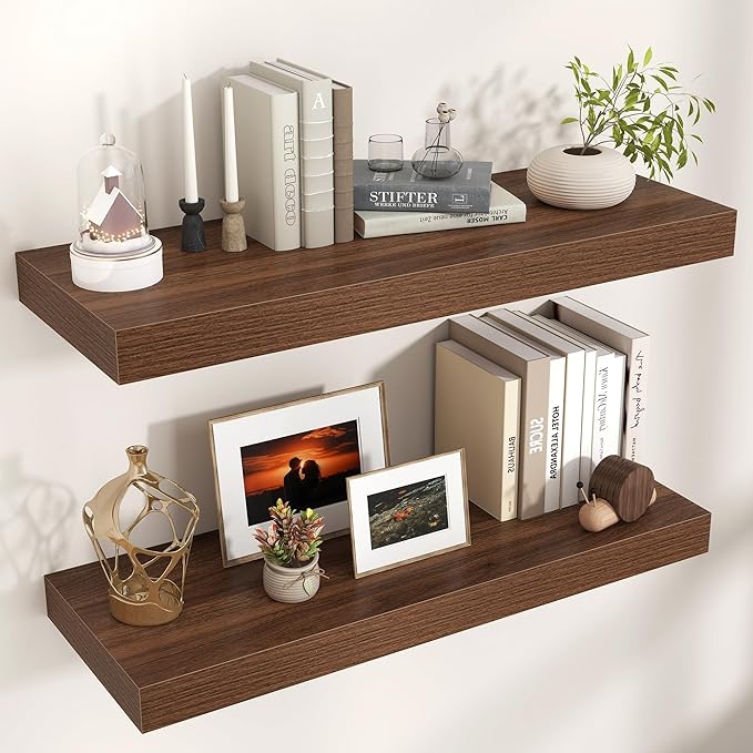 Venusmiles Floating Shelves for Wall, 36" W x 12" D x 2" H, 2 Pack of Long Wall Mounted Engineered Wood Shelves with Invisible Brackets for Living Room, Bedroom, Bathroom, Kitchen Decor, Walnut