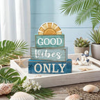 Lineshading 4 Pcs Beach Themed Table Decor Good Vibes Only Wood Block Sign Wooden Sunshine Beach Tiered Tray Decorations Summer Centerpiece Decor Funny Farmhouse Summer Decorations for Home Shelf