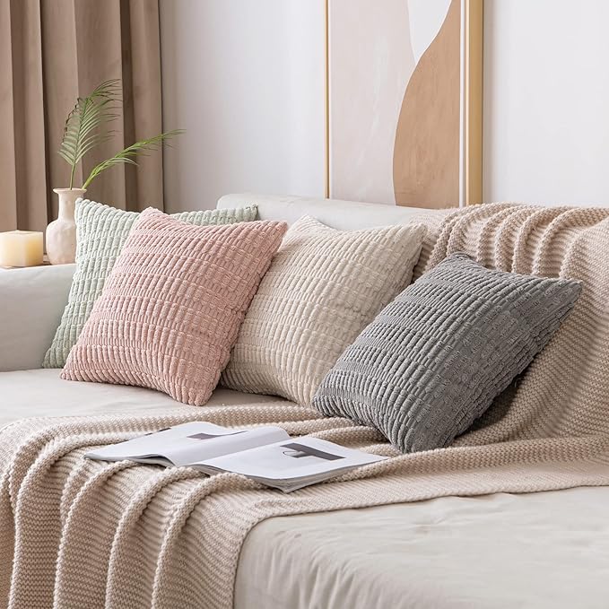 MIULEE Pack of 2 Corduroy Decorative Euro Sham Throw Pillow Covers 26x26 Inch Soft Boho Striped Pillow Covers Modern Farmhouse Home Decor for Sofa Living Room Couch Bed Light Grey