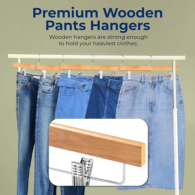 SereneLife 30 Pack Skirt and Pant Hanger with Adjustable Non-Slip Steel Clips, Premium Wooden, 360° Swivel Hook & 10 lb Capacity – Space-Saving Heavy-Duty Hangers for Jeans, Shorts & Slacks (Natural)