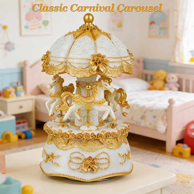 Carousel Music Box，Luxury Color Change LED Light Music Box,Luminous Rotating 3-Horse Musical Box with Gift Box for Girls Birthday Valentine Gift (You are My Sunshine, Gold)