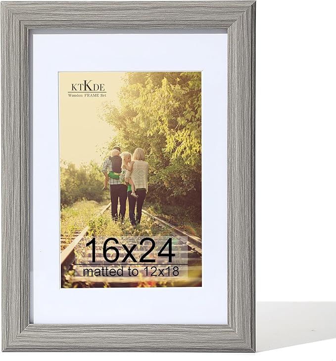 KTKDE 16x24 Picture Frame,Poster Frame Display Pictures 12 x 18 with Mat or 16x24 Without, Tempered Glass, 24 by 16 Gray Wooden Frame Wall Gallery Photo Frame best gift