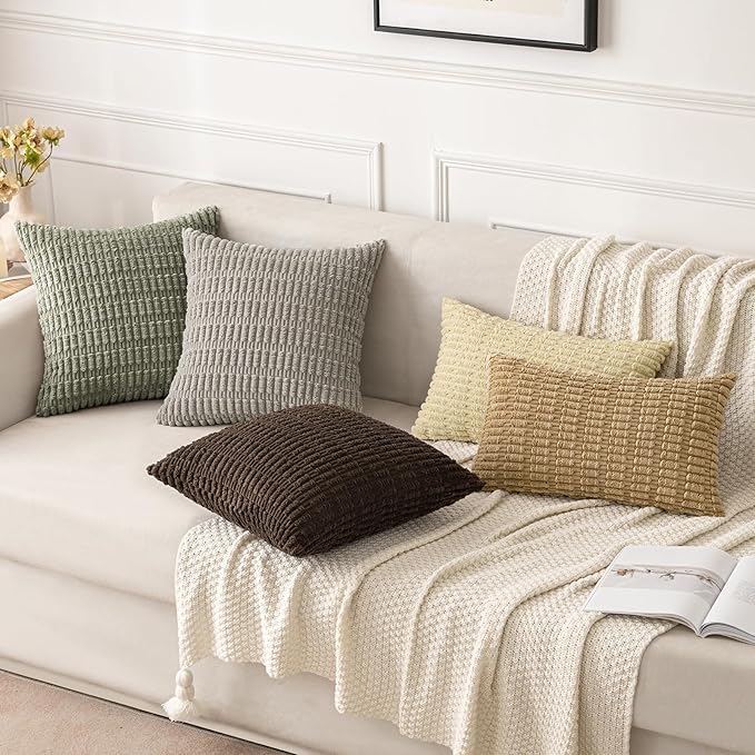 MIULEE Pack of 2 Corduroy Decorative Lumbar Throw Pillow Covers 20x12 Inch Soft Boho Striped Pillow Covers Modern Farmhouse Home Decor for Summer Sofa Living Room Couch Bed Light Olive Green