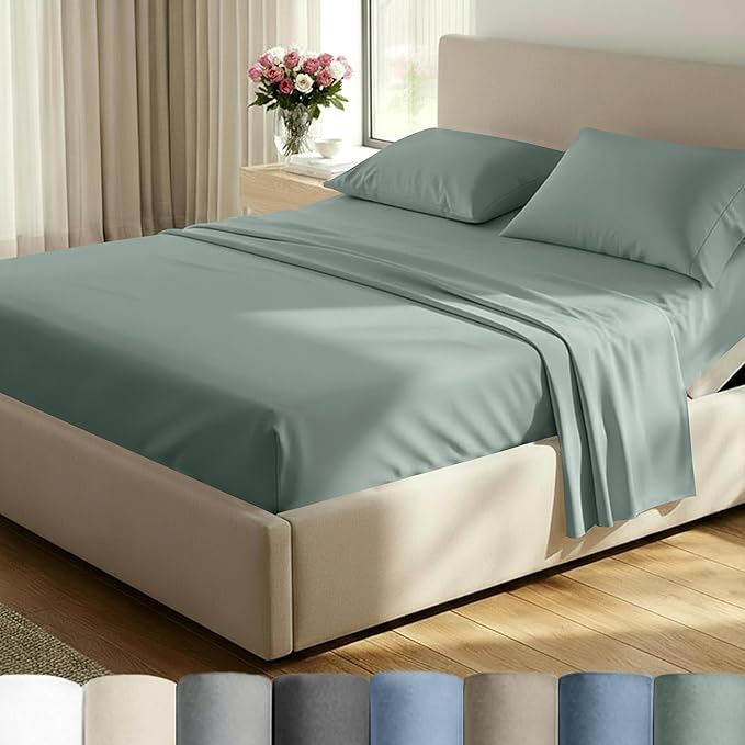 California Design Den Split King Sheet Set - 100% Cotton, 600 Thread Count, Breathable Luxury King Size Sheets for Adjustable Bed, Luxury Hotel-Quality Sheets, Soft Sateen (Sage Green - Cool Tone)