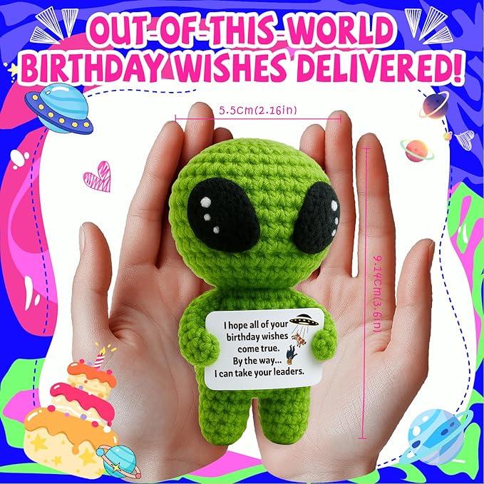 MAMAGIFTREE Funny Birthday Gift for Women Men Coworker, Friend, Boss, Adult, Hilarious Gag Bday Crochet Alien with a Sarcastic Message Card, Office Decor for Her Him