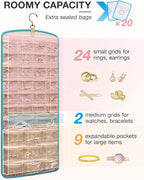 BAGSMART Hanging Jewelry Organizer, Necklace Holder Anti-tangle Earrings Rings Hanger with 20 Jewelry Bags Travel Storage Roll with Pockets Hang on Closet, Wall, Door,1 Piece, Large, Teal