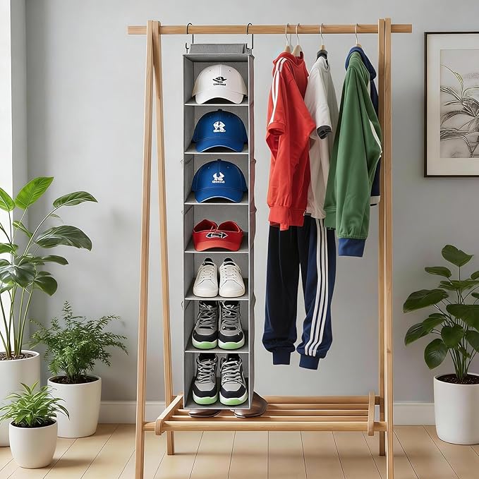 VERONLY Hanging Shoe Organizer for Closet,8-Shelf Hanging Storage with Side Mesh Pockets,Wider Shelves for Baseball Caps,Clothes (9" W × 11.8" D × 54" H) Grey