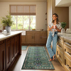 Non-Slip Washable Runner Rug for Hallways, 2x6 Ultra-Thin Floral, Boho Soft Forest Green Carpet for Kitchen, Bathroom & Laundry Room