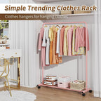 Simple Trending Standard Clothes Clothing Garment Rack with Storage Shelves, Rolling Clothes Organizer on Wheels for Hanging Clothes, Pink
