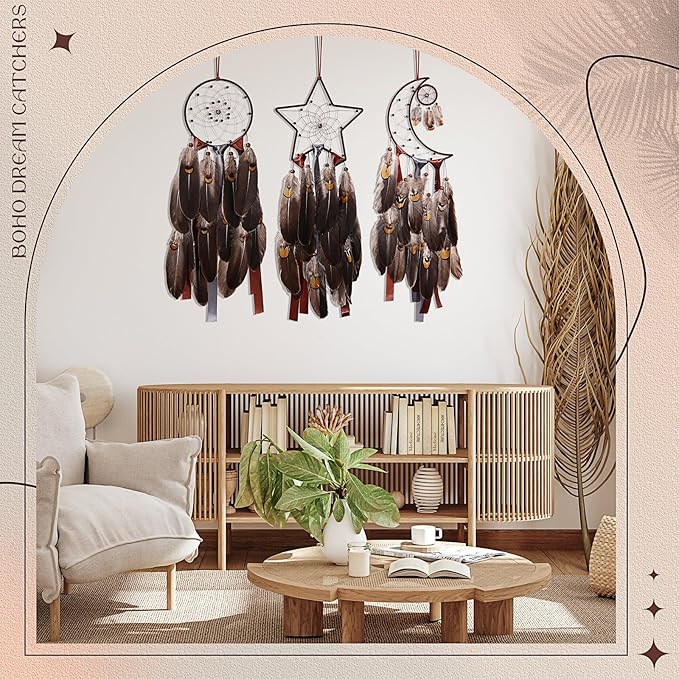 Jetec 3 Pcs Dream Catcher Moon Sun Star Design Handmade Traditional Design Craft Ornament Wall Art Hanging Home Decoration Bedroom Wedding(Brown)