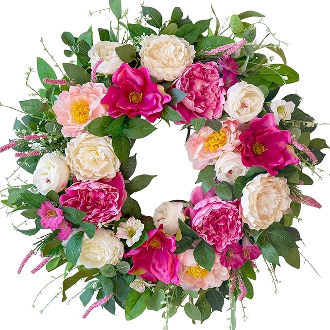 24 Inch Spring Wreaths for Front Door Outside,Artificial Silk Peony Rose Magnolia Spring Summer Wreath with Lavender Greenery | Luxury Summer Wreaths for Front Door-Indoor Outdoor Wreath Decor