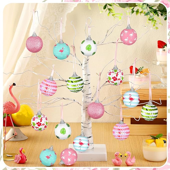 Zeyune 16 Pcs Summer Flamingos Tree Ornaments Summer Hanging Ornament Ball Tropical Palm Flamingo Hanging Home Decorations for Tree Tropical Party Holiday Decor