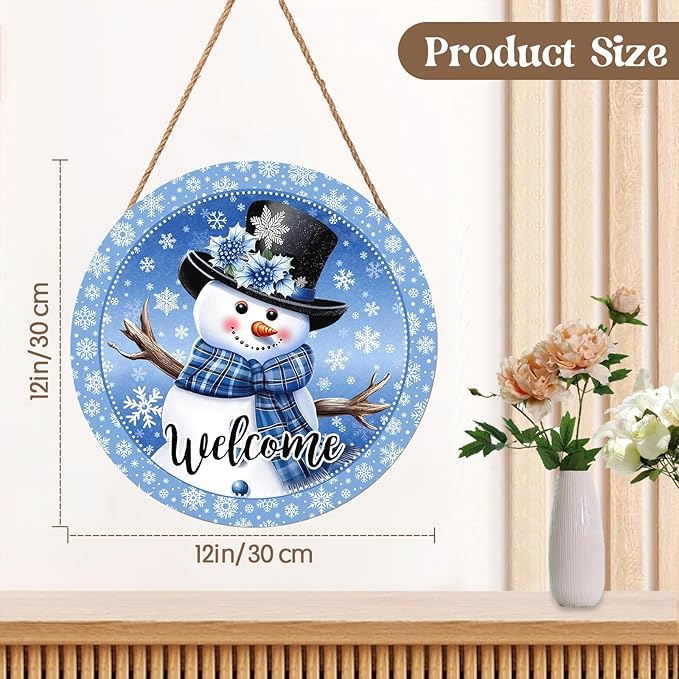 Welcome Winter Snowman Blue Sign for Front Door Christmas Snowflake Wood Door Hanger 12"x12" Holiday Welcome Decorations Rustic Wreath Wall Hanging Decorative for Home Wall Porch Yard Garden