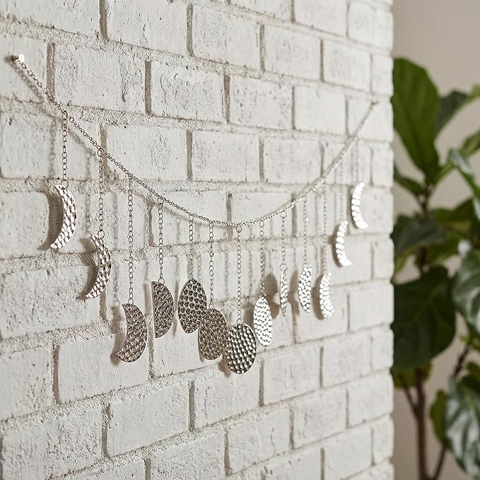 Moon Phase Garland Sliver Hammered Metal - Celestial Boho Wall Hanging Decor Moon Phases Ornament for Bedroom Aesthetic Above Bed Living Room Home Decor