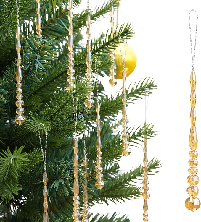 12pcs Crystal Icicle Christmas Tree Ornaments, Glass Beads Hanging Chandelier Pendants for Christmas Party Wedding Winter Decorations (Gold)