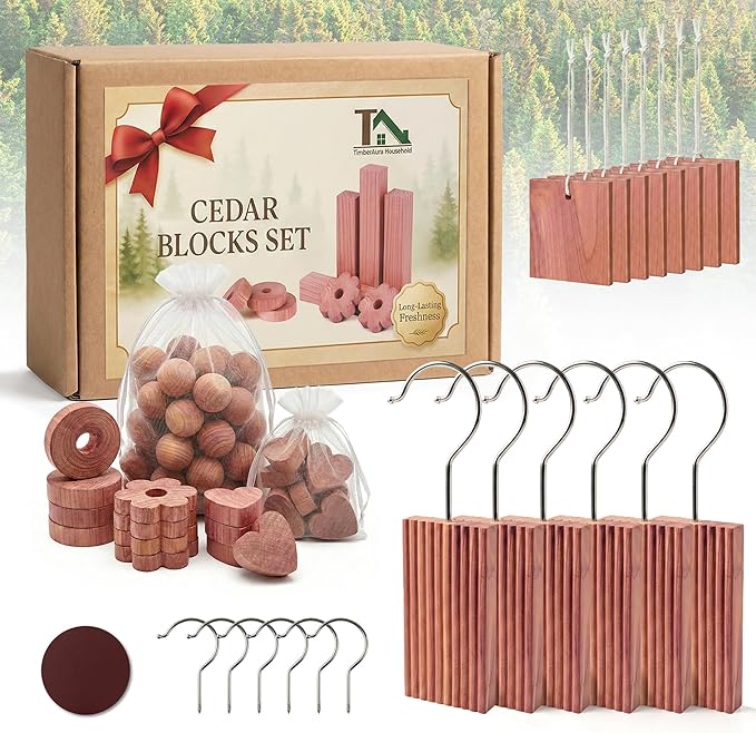 Cedar Blocks for Clothes Storage, Natural Cedar Wood Sachets, Balls & Rings for Closets and Drawers, 100% Natural & Fresh Scented Wardrobe Organizer, 55 Pack