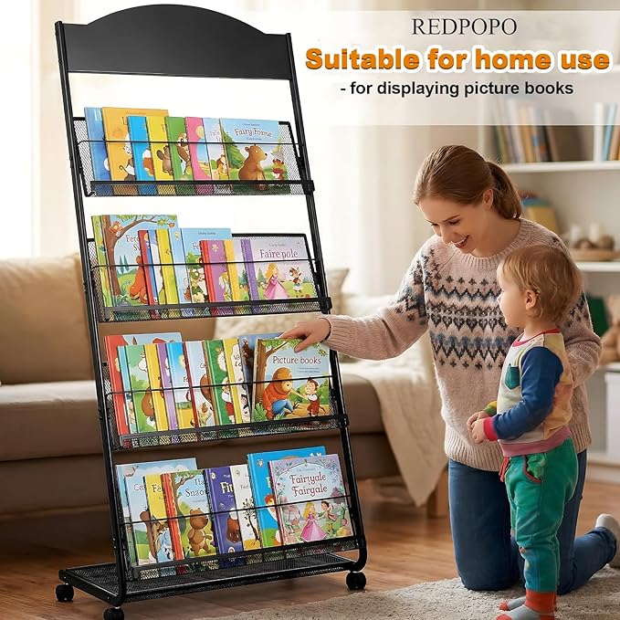 4-Tier Heavy Duty Magazine Display Rack School Furniture - Metal Brochure Holder with 4 Lockable Wheels, Detachable Literature Stand with Back Storage Floor Standing Rack (58.2" H×25" W)