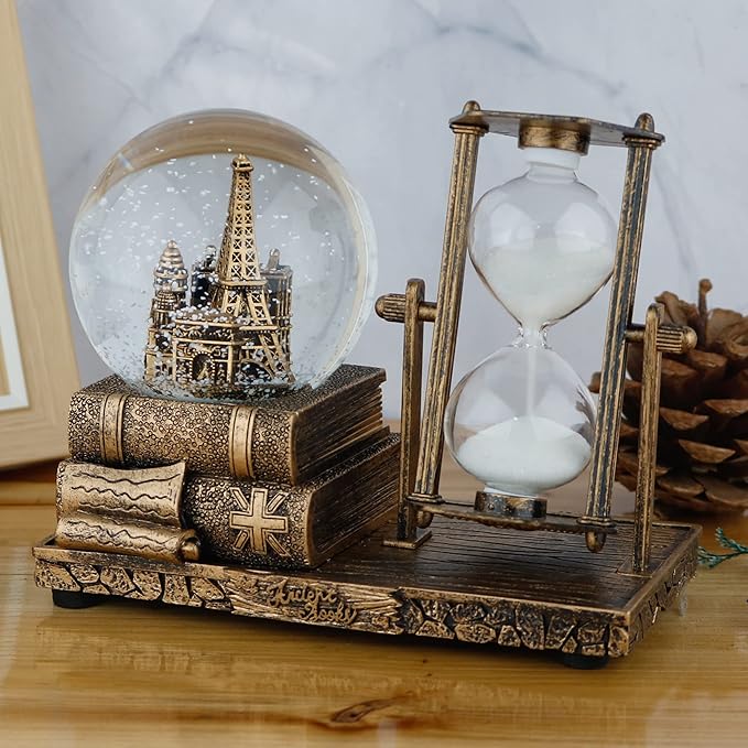 LED MusicCrystal Snow Globe， Sand Timer ，Hourglass,Home Decor,Table Decor for Living Room ，Office Desk Decorations[Brass Tower ]