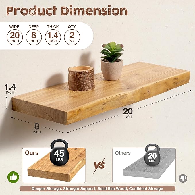 fuqing Live Edge Floating Shelves for Wall 20 inch, 8 Inch Deep Solid Elm Wood Floating Wall Shelves - Rustic Wooden Shelves with Invisible Brackets for Living Room Bedroom Kitchen, 2 Pack, Natural