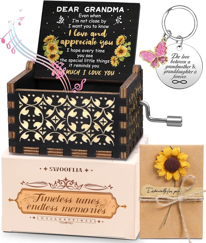 Swooflia Mother's Day Wooden Music Box for Grandma with Sunflower Greeting Card- Hand Crank Engraved Musical Box Vintage Mechanism Personalized Gifts for Mom On Birthday