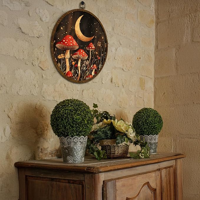 Vintage Mushroom Round Framed Wall Art Decor, Fantasy Forest Botanical Illustration Round Wall Hanging Decor, Retro Botanical Canvas Prints Wall Art for Bedroom Living Room 10x10 Inch(MG02)