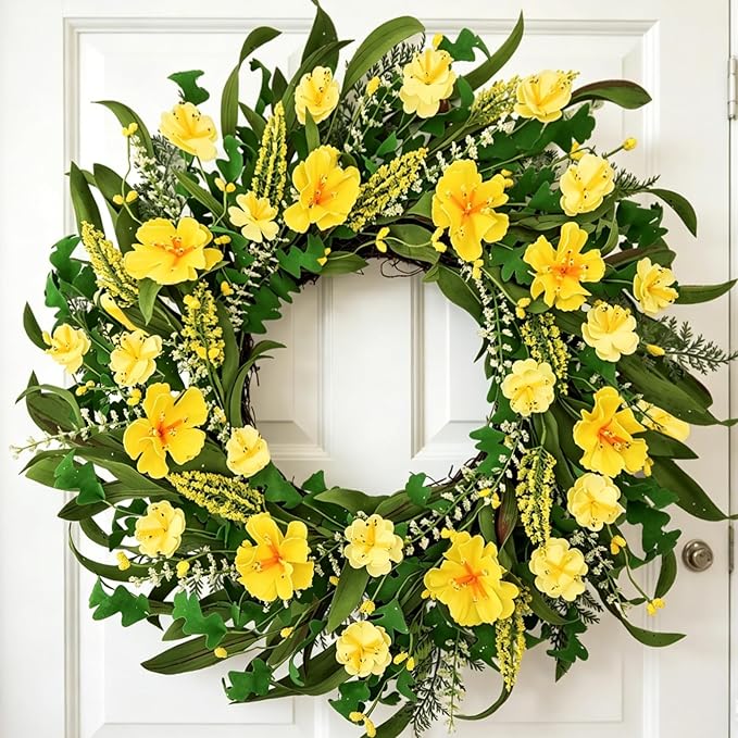 22 Inch Spring Summer Wreaths for Front Door, Artificial Flowers Wreath with Yellow Floral Green Leaves Berries and Grain Spikes, Farmhouse Wreath for Front Porch Wall Indoor Outdoor Home Decor