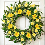 22 Inch Spring Summer Wreaths for Front Door, Artificial Flowers Wreath with Yellow Floral Green Leaves Berries and Grain Spikes, Farmhouse Wreath for Front Porch Wall Indoor Outdoor Home Decor